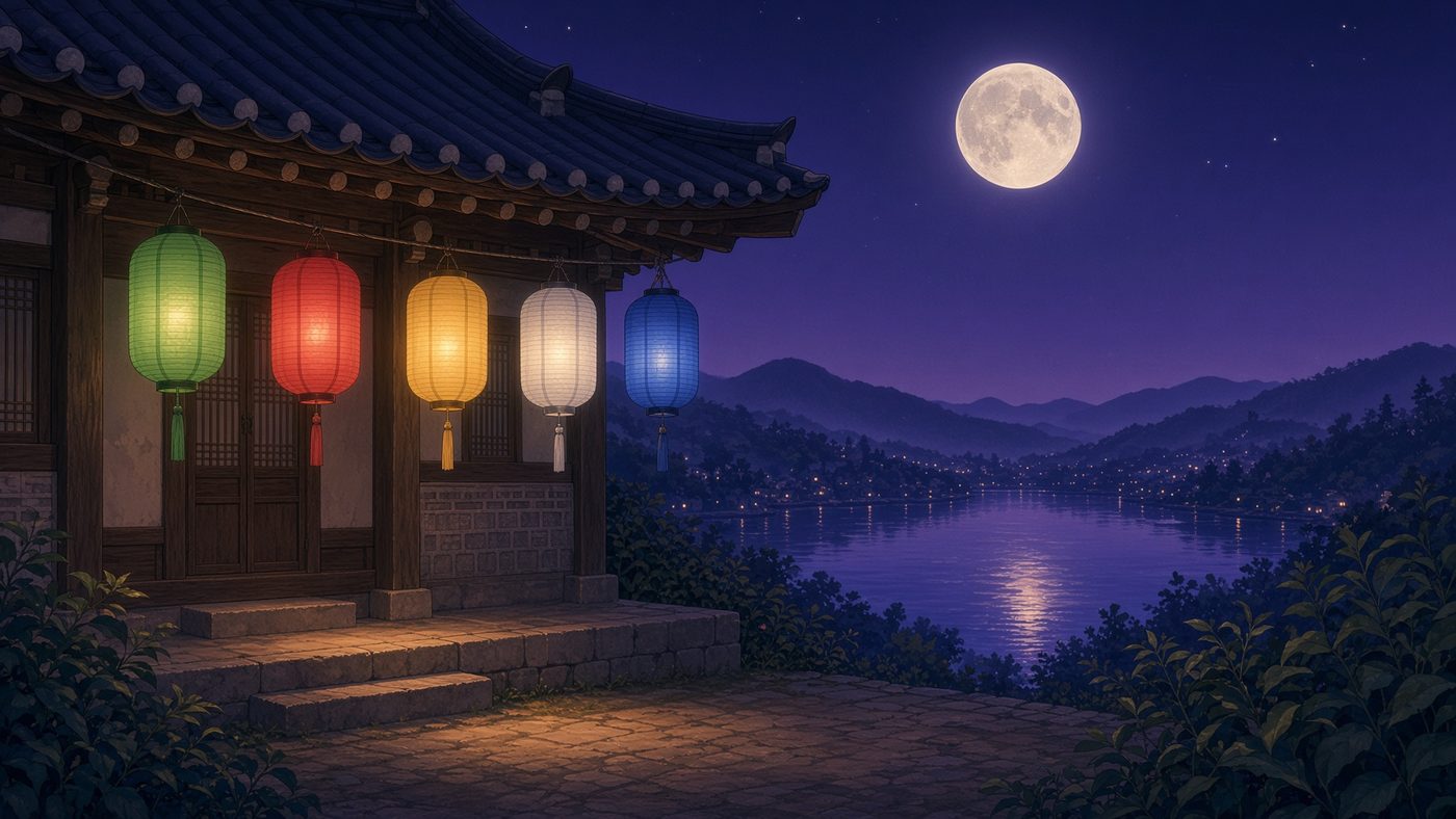 다섯 빛깔의 등불이 걸린 밤의 마당
